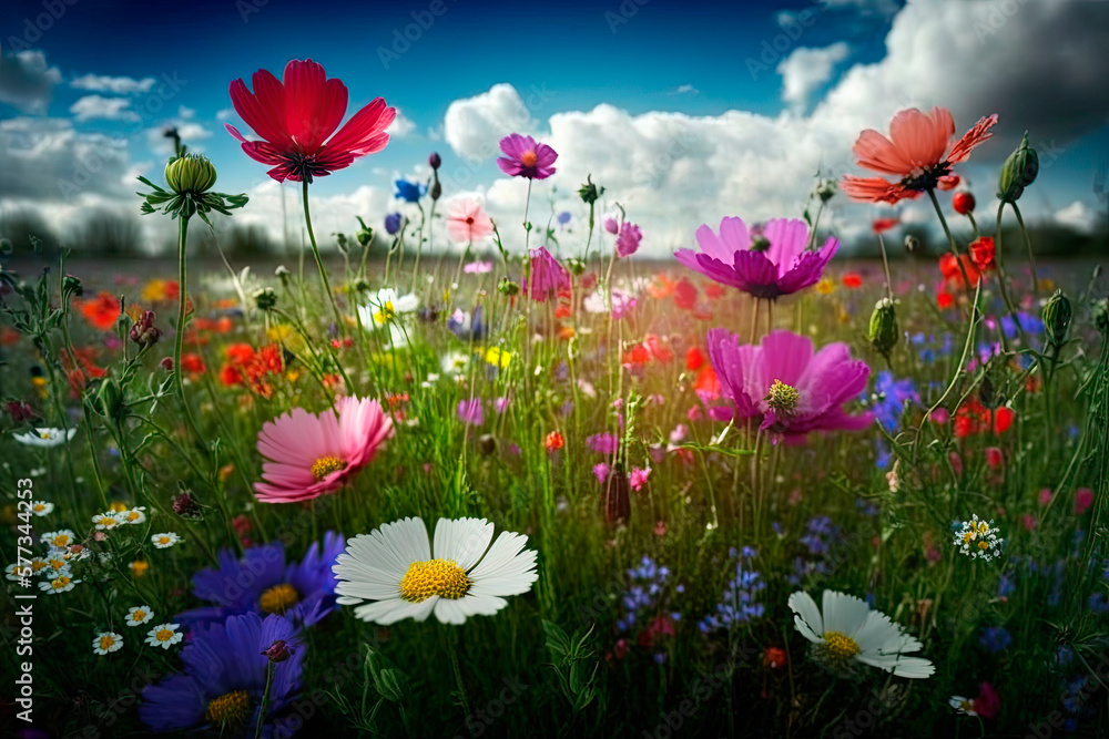 Meadow full of colorful flowers in springtime. Generative AI