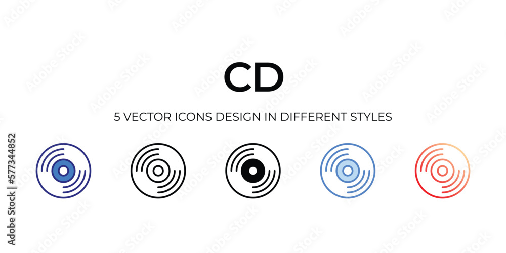 cd Icon Design in Five style with Editable Stroke. Line, Solid, Flat Line, Duo Tone Color, and Color Gradient Line. Suitable for Web Page, Mobile App, UI, UX and GUI design.