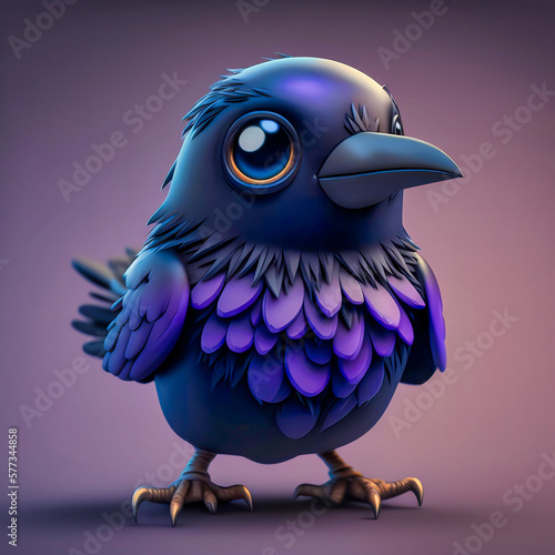 A whimsical black raven emoji with purple highlights and a charming smile. Generative AI.