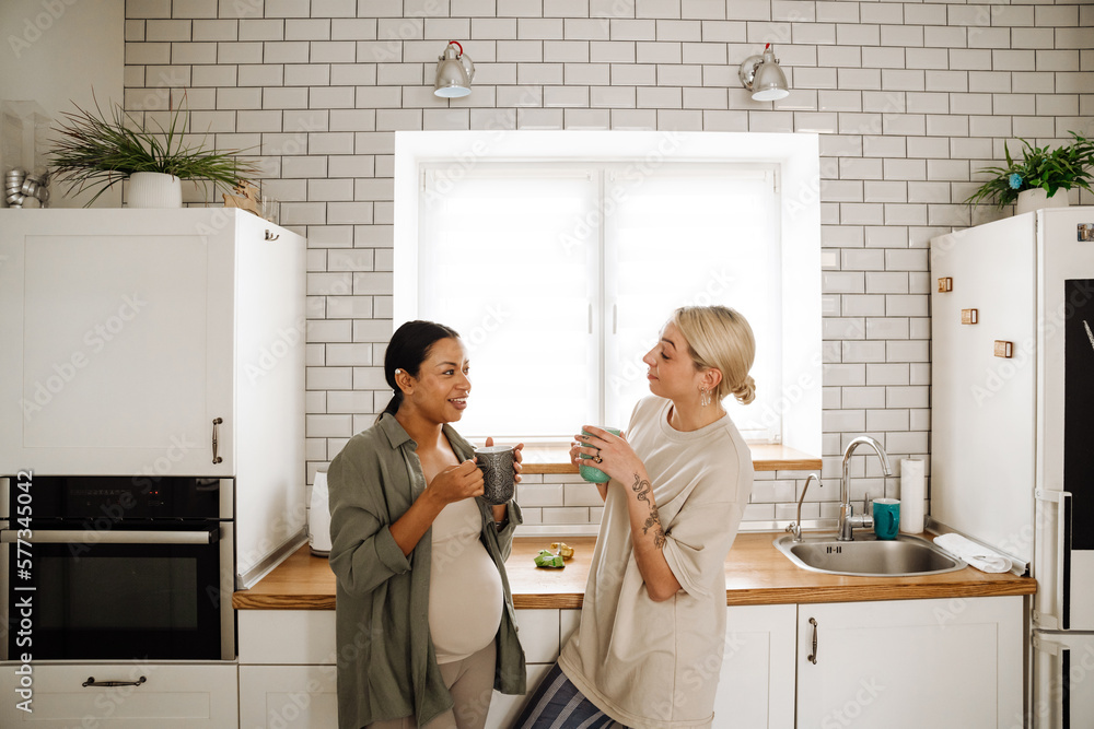 Smiling pregnant lesbian couple drinking tea in the kitchen Smiling pregnant lesbian couple drinking tea in the kitchen