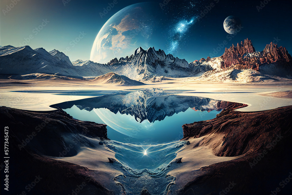 Obraz premium Fantasy alien planet blue landscape with moons rising and reflections in the water. Created with Generative AI technology.