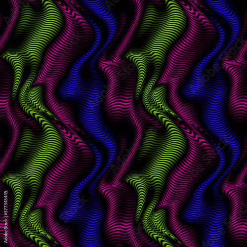 Vector repeatable pattern of shapes from lines like folds of silk. Optical art pink blue and green gradient colors texture for design. © PerepadiaY