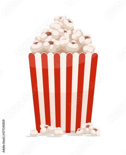 Paper cup full of popcorn isolated on white background. Fast food snack for movie films watching in the cinema theater. Vector illustration