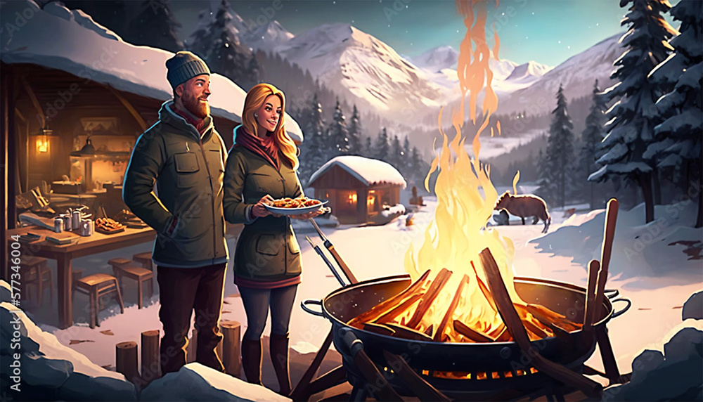family camping around campfire winter season .Generative AI