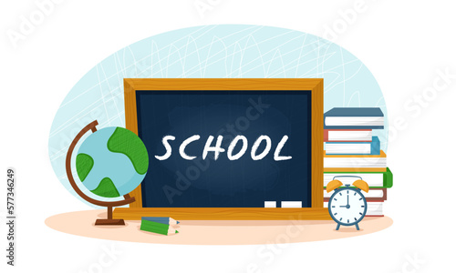 Back to school and education concept - blackboard and school supplies books, globe, alarm clock, pencils