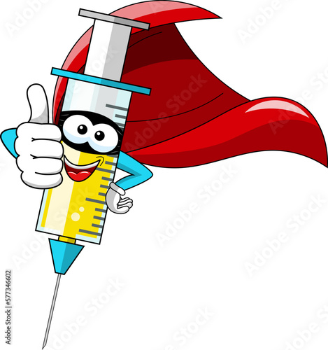 Smiling cartoon character mascot superhero medical syringe vaccine thumb up vector illustration isolated