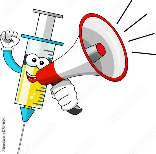 Smiling cartoon character mascot medical syringe vaccine megaphone announcement vector illustration isolated