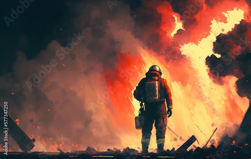 brave firefighter with axe standing in front of frightening explosion, digital art style, illustration painting, Generative AI