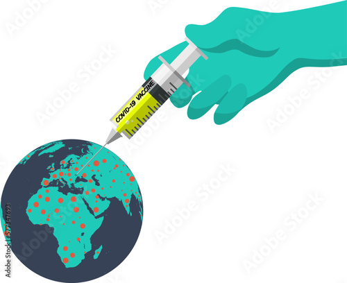 doctor hand wearing glove injecting syringe of Coronavirus vaccine concept, syringe of vaccine and needle planting on the planet earth with red Coronavirus COVID-19 pathogen around.