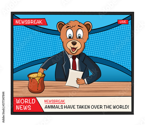 Newsreader. Breaking news. Animals have taken over the world. Live broadcast. An announcer bear. Bear eating honey live broadcast. (ID: 577347844)