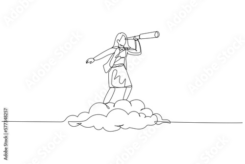 businesswoman riding cloud while using telescope. metaphor for business future