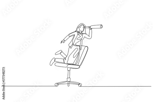 businesswoman riding office chair using telescope. metaphor for business vision