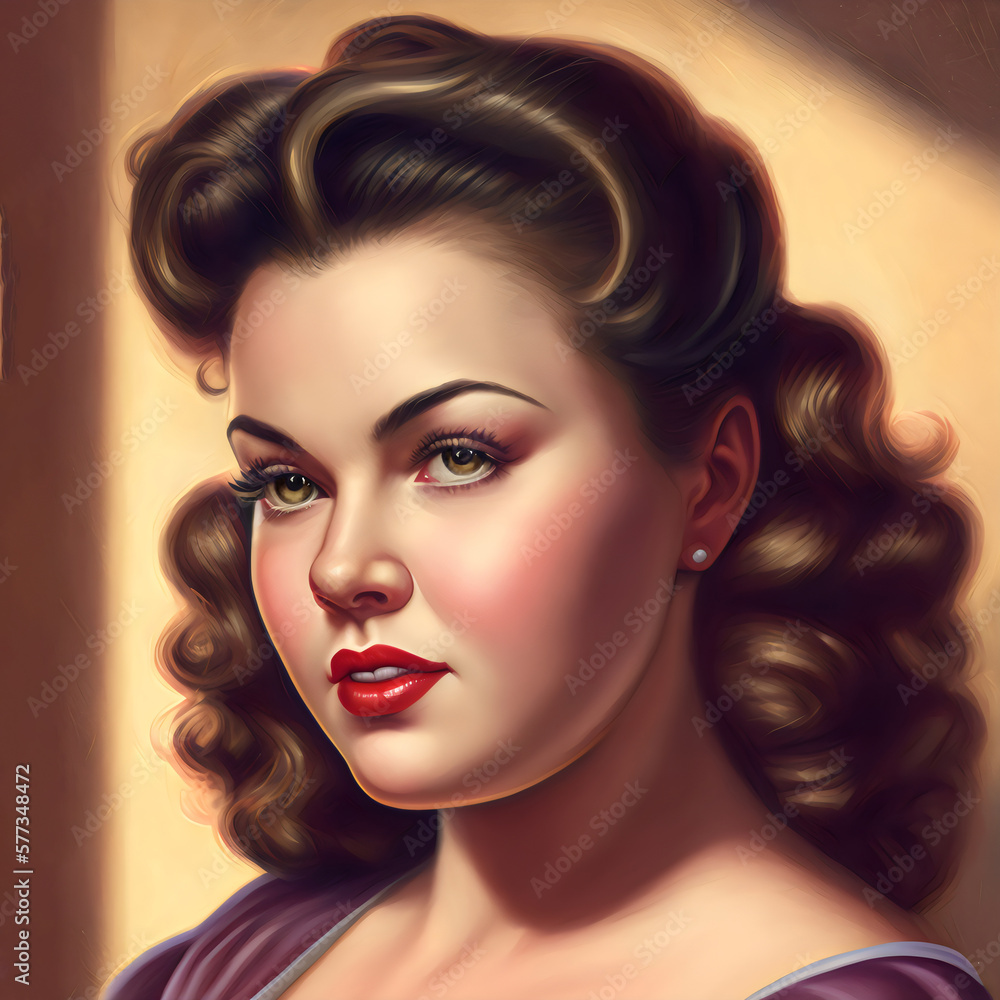 Fototapeta premium illustration of beautiful 1940s curvy pinup model woman with curl set hair, generative ai