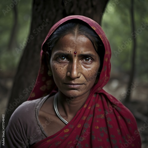 Portrait of an indian village woman in forest in Himachal pradesh. Generative AI.