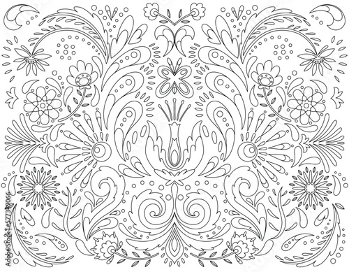 Mexican flower traditional pattern background in coloring style. Ethnic embroidery decoration ornament. Flower symmetry texture. Festive mexican floral motif. Vector illustration