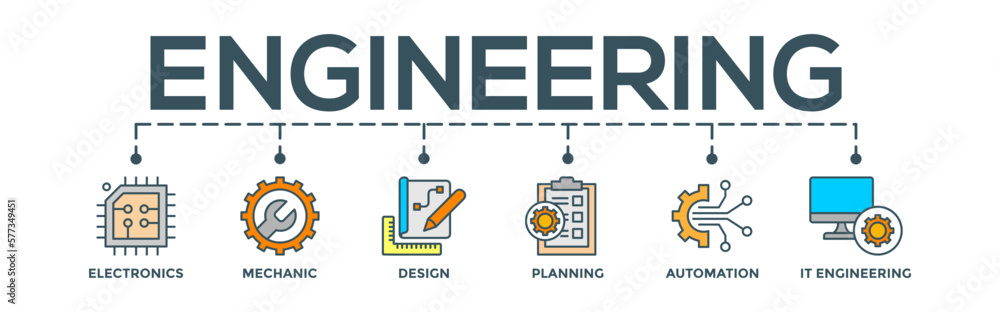 Engineering concept banner web. Editable infographic vector with icon of electronics, mechanic, design, planning, automation and it engineering Engineering concept banner web. Editable infographic vector with icon of electronics, mechanic, design, planning, automation and it engineering