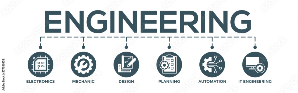 Engineering concept banner web. Editable infographic vector with icon of electronics, mechanic, design, planning, automation and it engineering Engineering concept banner web. Editable infographic vector with icon of electronics, mechanic, design, planning, automation and it engineering