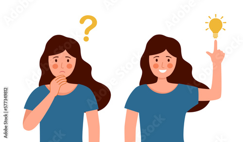 Woman thinking and solving problem concept. Female with question mark and lightbulb in flat design.