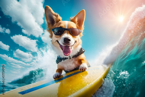 Dog on surfboard in sunglasses, summer holiday concept © logolord