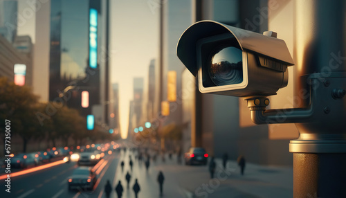 Security camera monitoring the activity on a busy city street. Based on Generative AI
