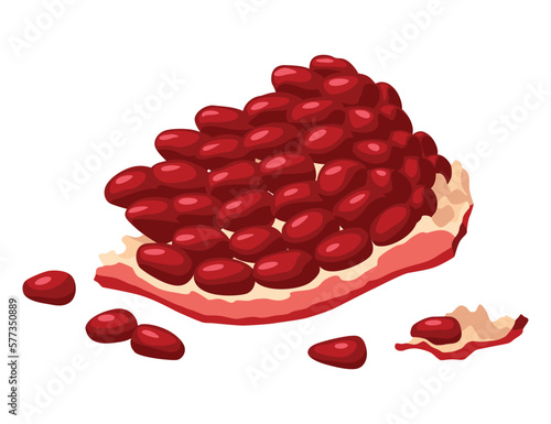 Pomegranate icon. Cartoon isolated summer garnet fruit with ruby seeds, cut slice. Advertising tropical ripe fruit. Vector illustration of healthy food
