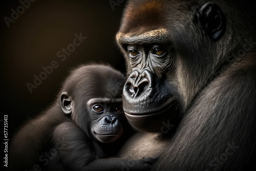 A mother gorilla and her baby in her arms, real photo.generative AI