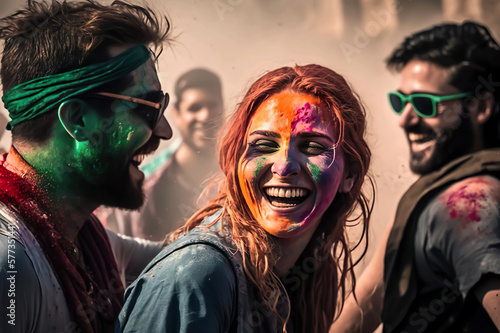 Young woman playing with her friends at the Holi festival - AI illustration