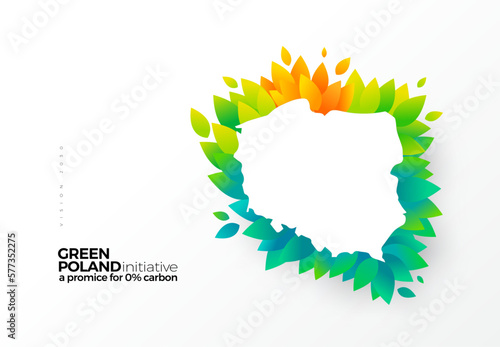 Go green, carbon removal initiative, graphic design Poland map with green leaves