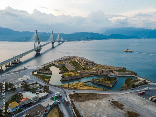 Aerial view Charilaos Trikoupis Bridge by drone. Summer Greece. Panorama. photo