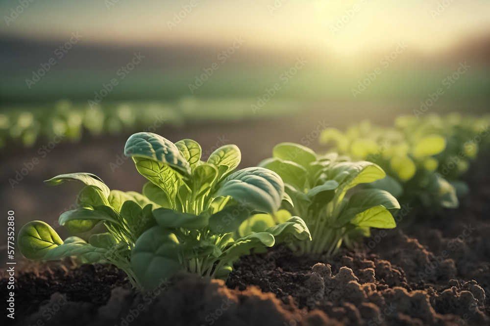 Green lettuce on field agriculture with blue sky. Organic seedling or sapling lettuces in the field, lettuce cultivation, green leaves. generative ai

 - obrazy, fototapety, plakaty 