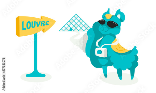 Vector character Lama on tour in the Louvre, Paris, France.