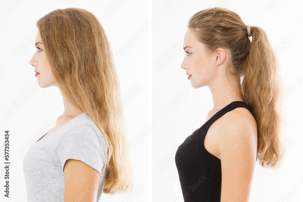 Closeup before after loose hair, pony tail profile view isolated on