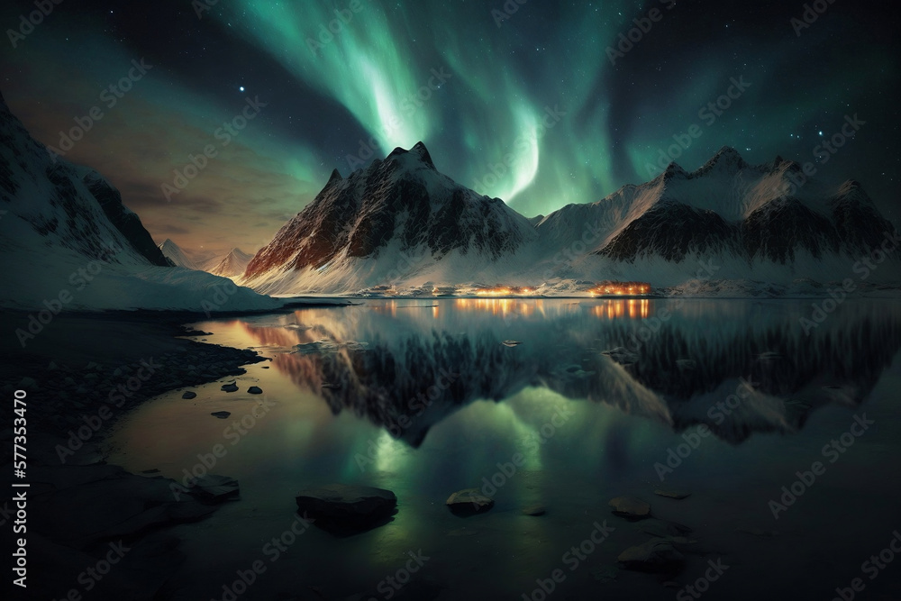 Aurora borealis over snowy mountains, frozen sea coast, reflection in ...