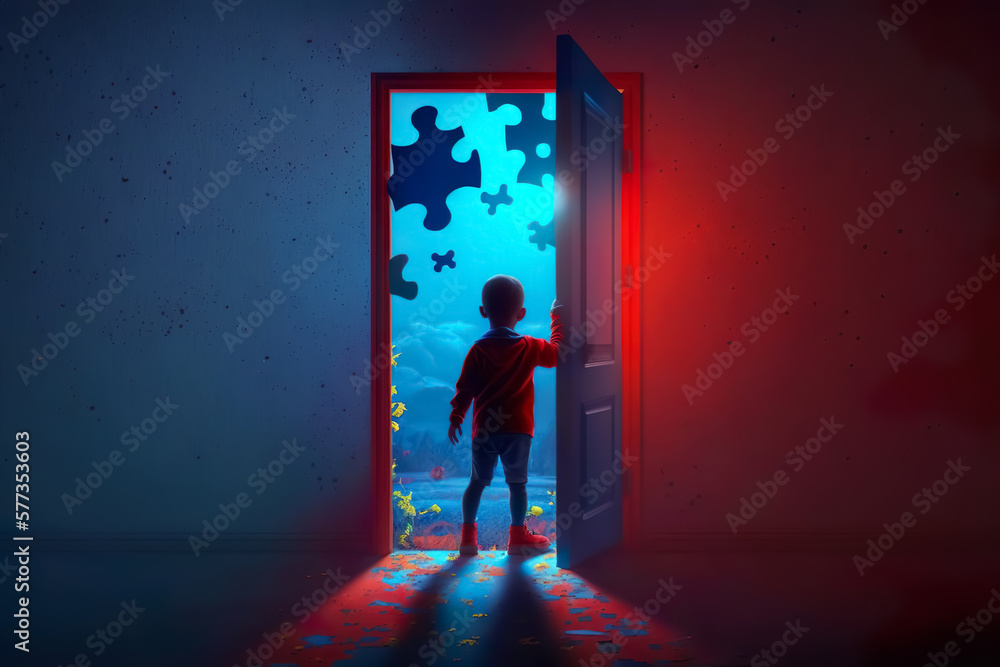 World Autism Awareness Day. A little boy stands in front of an open door to another world. The concept of child autism. Generative AI
