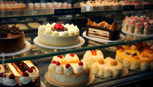 various kinds of cakes in bakery, cafe, AI generated