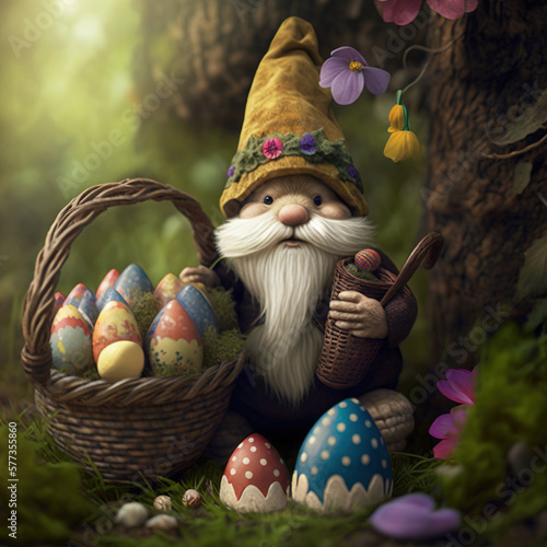 Gnome hunting easter egg with basket - generated by generative AI