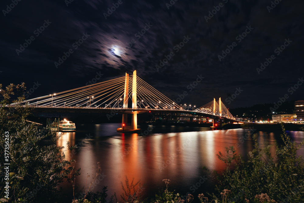 Fototapeta premium Night view of the bridge over the river Daugava in Riga, Latvia
