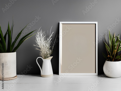 Modern Interior with Boho Poster Frame Mockup ,Minimalist Mockup Photo of Poster Frame in Boho Style,Generative AI 