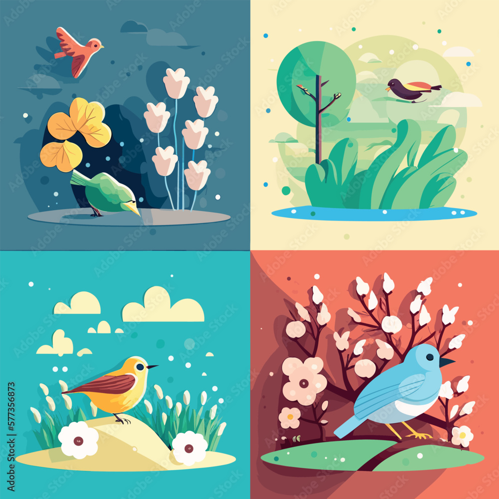 Obraz premium Spring has come, seasonal background feeling the warmth of spring, birds, flowers, nature, season flat illustration
