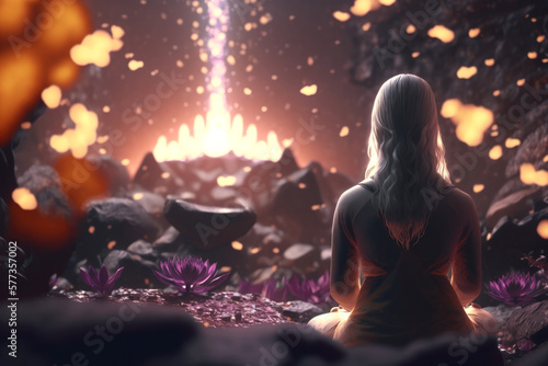 Meditation: Meditating girl in a calm atmosphere with a beautiful landscape | Generative AI Production