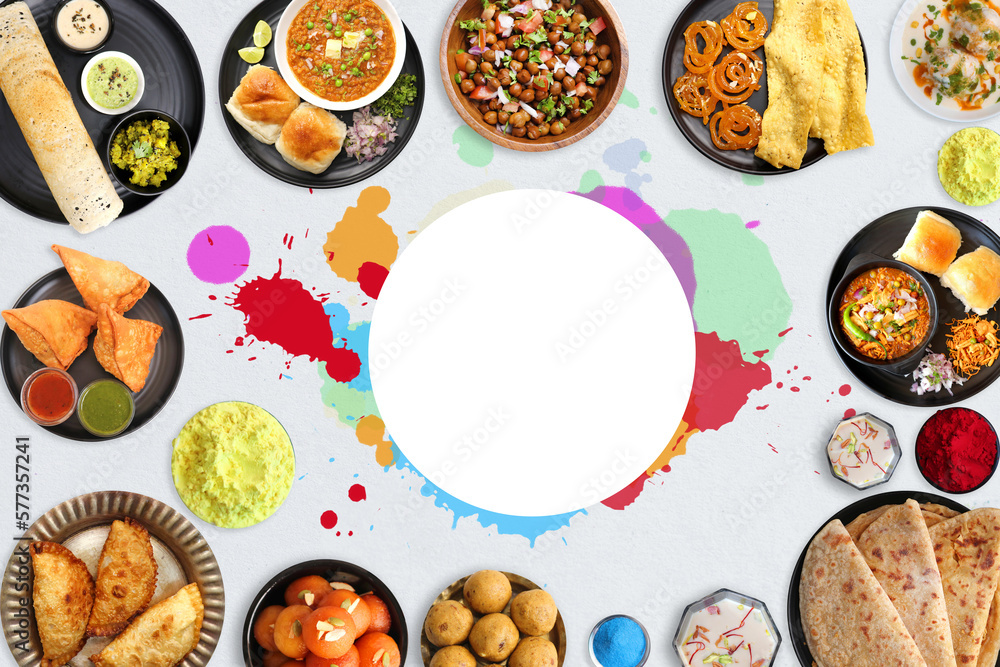 Assorted Indian Holi festival food like samosa, kachori, Puri bhaji, Pav Bhaji, Laddo, Sweets, Dahi vada, puranpoli, gujiya, gulab jamun with colorful background and colors with copy space. Assorted Indian Holi festival food like samosa, kachori, Puri bhaji, Pav Bhaji, Laddo, Sweets, Dahi vada, puranpoli, gujiya, gulab jamun with colorful background and colors with copy space.