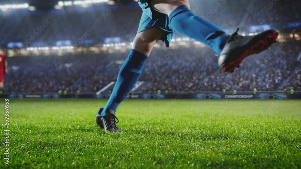 Aesthetic Shot Of Athletic Caucasian Footballer Shooting A Penalty Kick On Stadium With Crowd Cheering. International Soccer Championship Final Match With Fans On Tribune. Super Slow Motion.