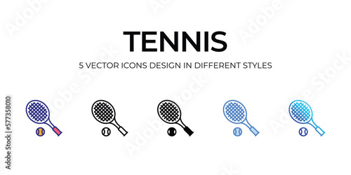 tennis Icon Design in Five style with Editable Stroke. Line, Solid, Flat Line, Duo Tone Color, and Color Gradient Line. Suitable for Web Page, Mobile App, UI, UX and GUI design.