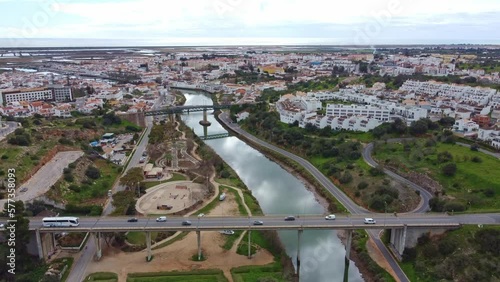 Drone view of Tavira Algarve Portugal,with the Galao River flowing through the historic town to the Atlantic Sea