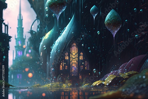 fictional futuristic and fantasy city landscape with rain falling, generative ai, generative, ai