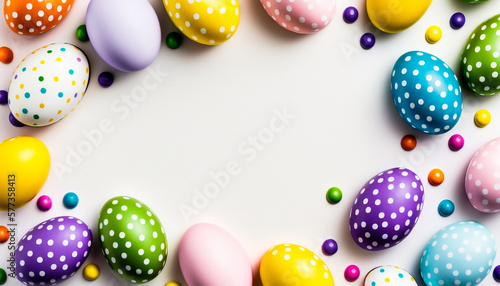 Easter banner with colorful Easter Egg border over a white background. Top view with copy space.