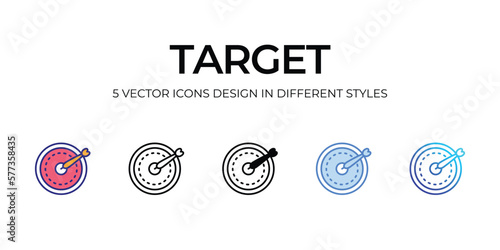 target Icon Design in Five style with Editable Stroke. Line, Solid, Flat Line, Duo Tone Color, and Color Gradient Line. Suitable for Web Page, Mobile App, UI, UX and GUI design.