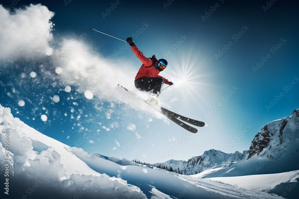 freeride skiing. skier jumping against blue sky. generative AI - obrazy, fototapety, plakaty 