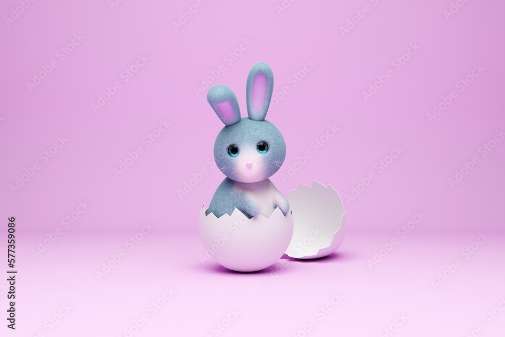 Obraz premium Easter cute Bunny with egg on light pink background. 3d rendering