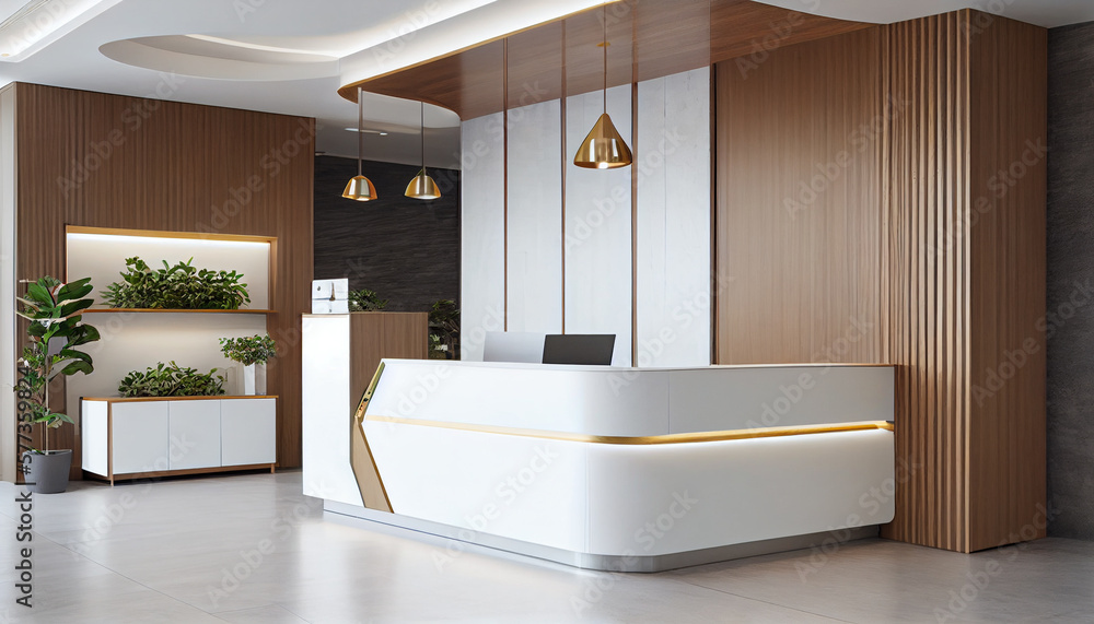 Interior of a hotel lobby with reception desks with transparent covid